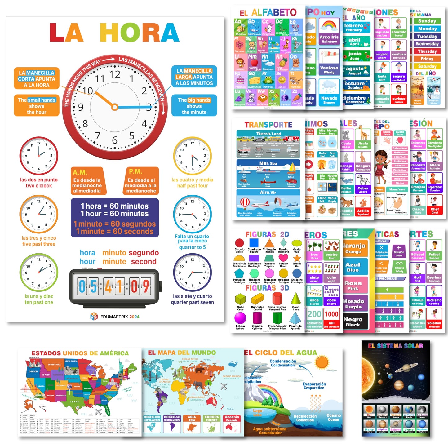 20 Spanish English Bilingual Educational Posters Water Proof Learning Chart for Preschool, Kindergarten, Classroom Decoration, Alpabet, Alfabeto, Numbers...( Flat Packaging 11"x16" )