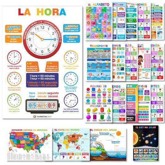 20 Spanish English Bilingual Educational Posters Water Proof Learning Chart for Preschool, Kindergarten, Classroom Decoration, Alpabet, Alfabeto, Numbers...( Flat Packaging 11"x16" )