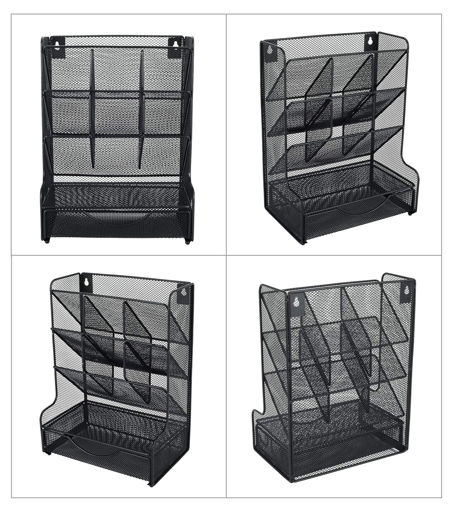 PAG Desk Organizer with Drawer Office Supplies and Accessories Storage Caddy Hanging Wall Shelf Metal Mesh Pencil Holder for Kids, 9 Compartments, Black