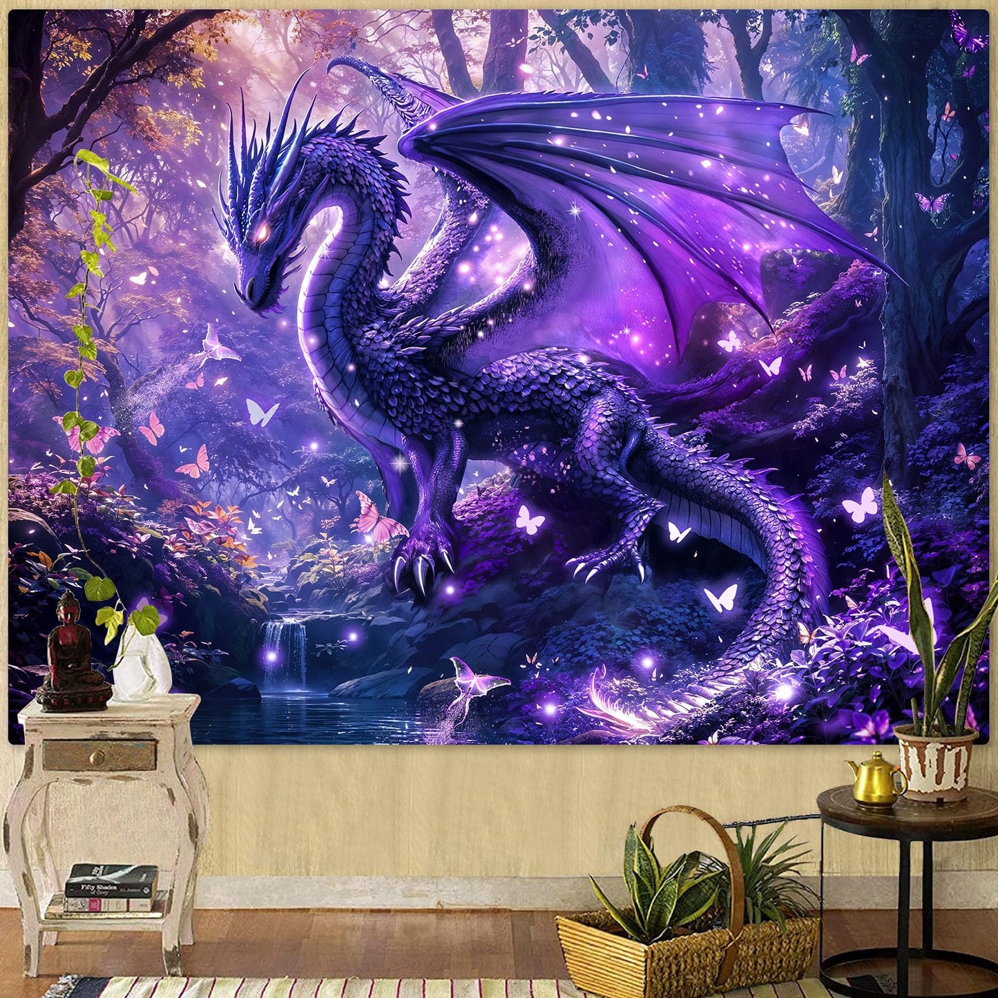 Spenlife Purple Mystical Forest Dragon Wall Tapestry, Fantasy Enchanted Wood Tapestries for Room Decor, Dreamy Tapestry 60x44 Inch