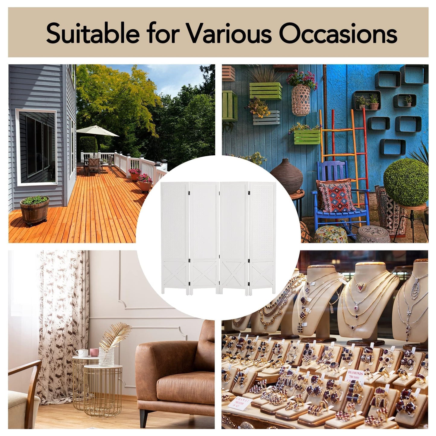 Wnutrees 4 Panel Pegboard Display, 5 Ft Wood Folding Privacy Screens Room Divider, Portable Freestanding Display Board for Craft/Art Shows, Retail, Events, Wall Organizer, Rustic Barnwood, White