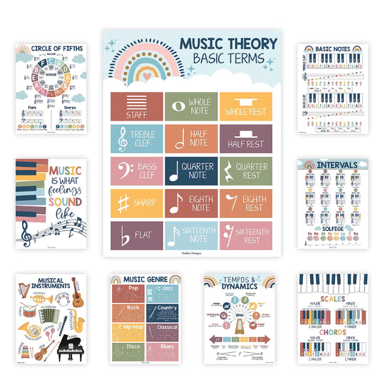 Hadley Designs 9 Music Classroom Posters – Boho Music Classroom Decor, Choir & Solfege Prints, Bulletin Board Decorations, Educational Supplies for Teachers