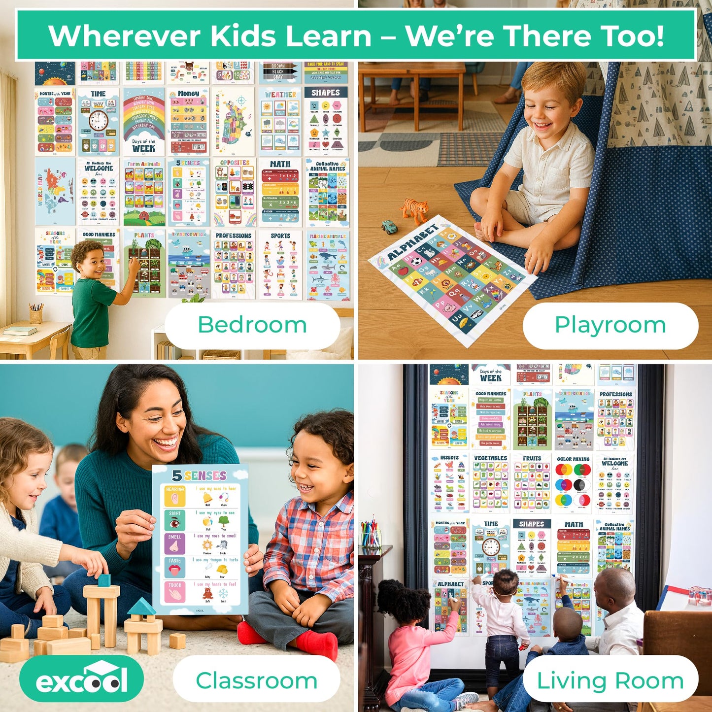 EXCOOL CLUB 32 Boho Educational Posters For Toddlers 1-3, Toddler Learning Posters For Kids Ages 3-5, Kindergarten Classroom Must Haves, Laminated Abc Number Chart Prek Classroom Decor Preschool