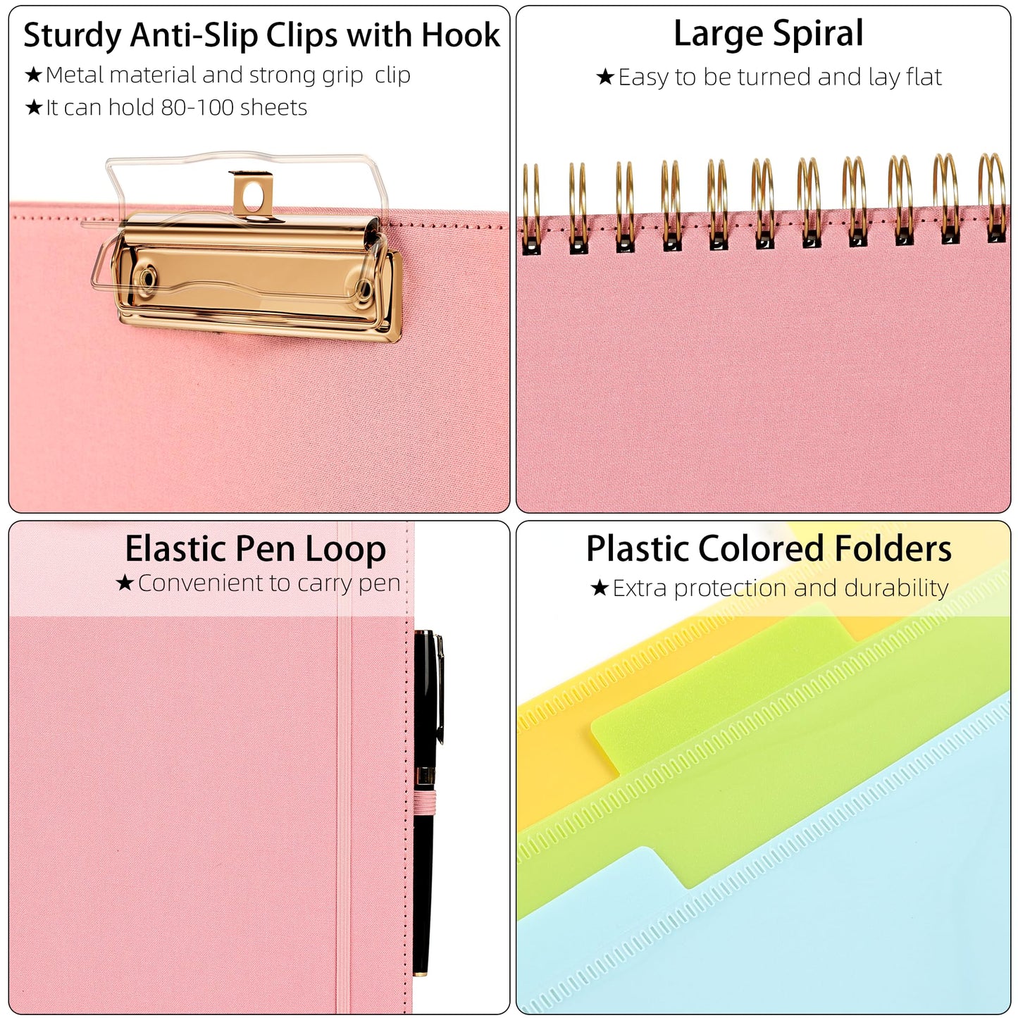 Ospelelf Pink Foldable Spiral Clipboard Folio with Storage Zipper Pouch, 5 Plastic Folders with 10 Pockets,Refillable Lined Notepad (11" x 8.5"), Hardcover Project Organizer with 39 Stickers