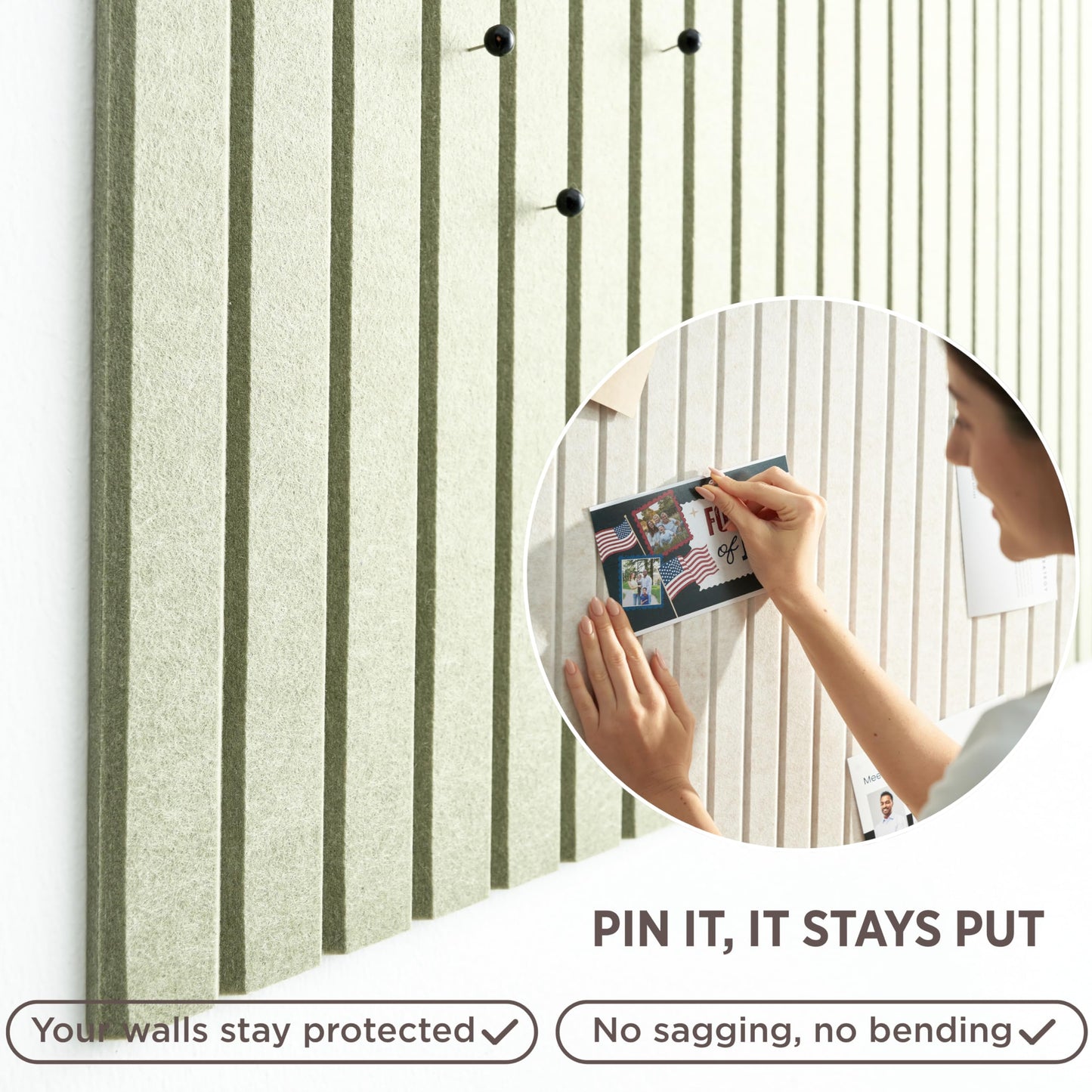 VIVELDA Felt Bulletin Board Tiles 48"x36" - 12-Pack Cork Board Alternative, OEKO-TEX Certified, NRC 0.95 Acoustic Felt Wall Panels, Damage-Free Adhesive, Slatted Design, Home Office & Classroom (Sage)