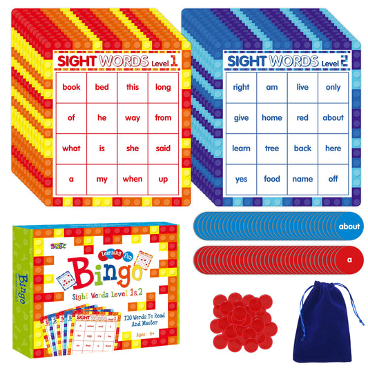 SpriteGru Sight Word Bingo Game, 120 Sight Words Learn to Read Level 1 & Level 2 Bingo Board Game Dolch's & Fry's Words Lists for Kindergarten and Preschool Kids 4-8, Perfect for Classroom & at Home
