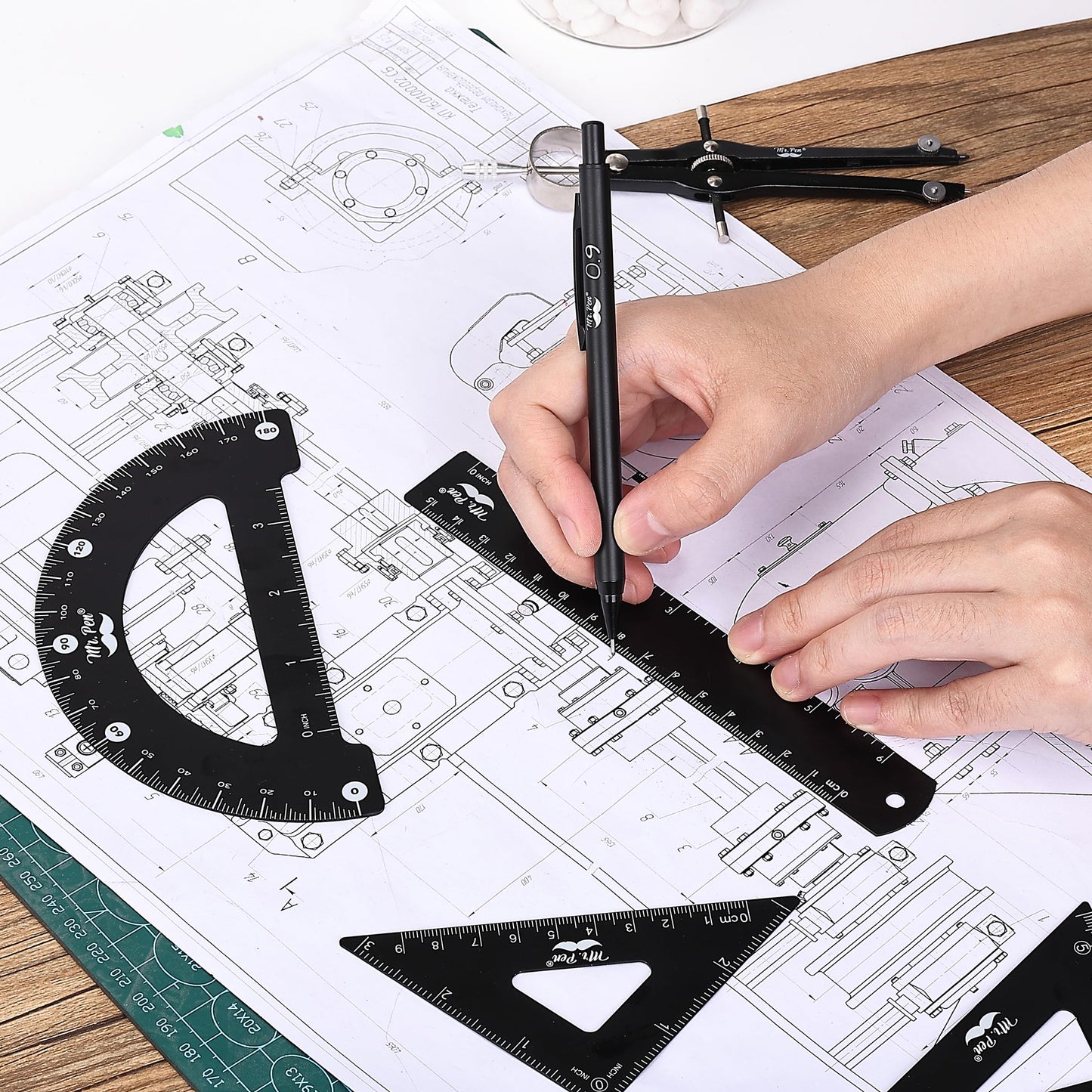 Mr. Pen- Professional Geometry Set, 15 pcs, Drafting Tools with Protractor, Compass, Metal Ruler, Triangles, Pens & Pencils, Complete Geometry & Drafting Kit for Architects, Engineers & Students
