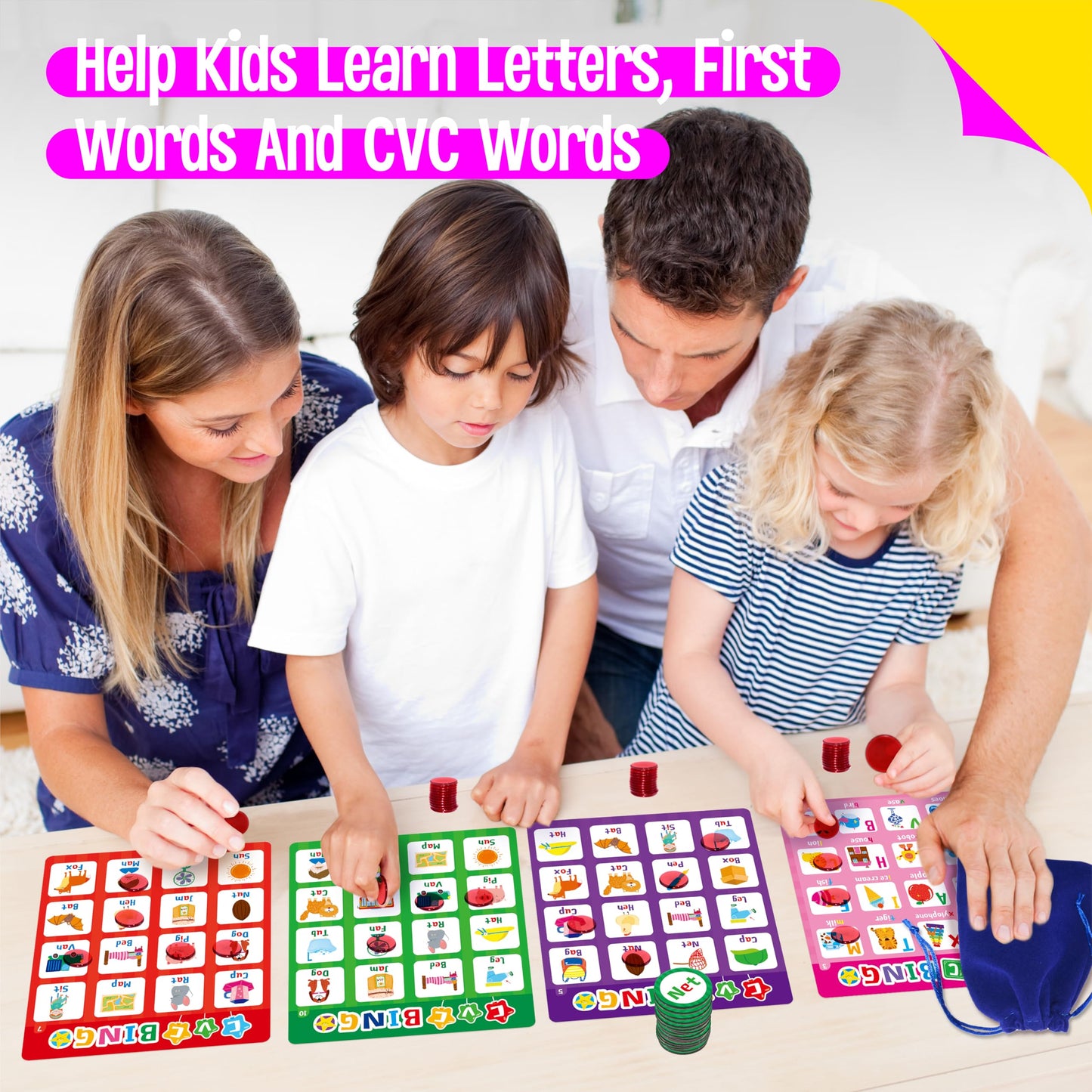 SpriteGru Alphabet & CVC Bingo Game, 12 Bingo Board ABC Letters, CVC Words Phonetic Game, Letters Phonetic Awareness Early Educational Learning Toys - Ages 4 and up, Perfect for Classroom & At Home