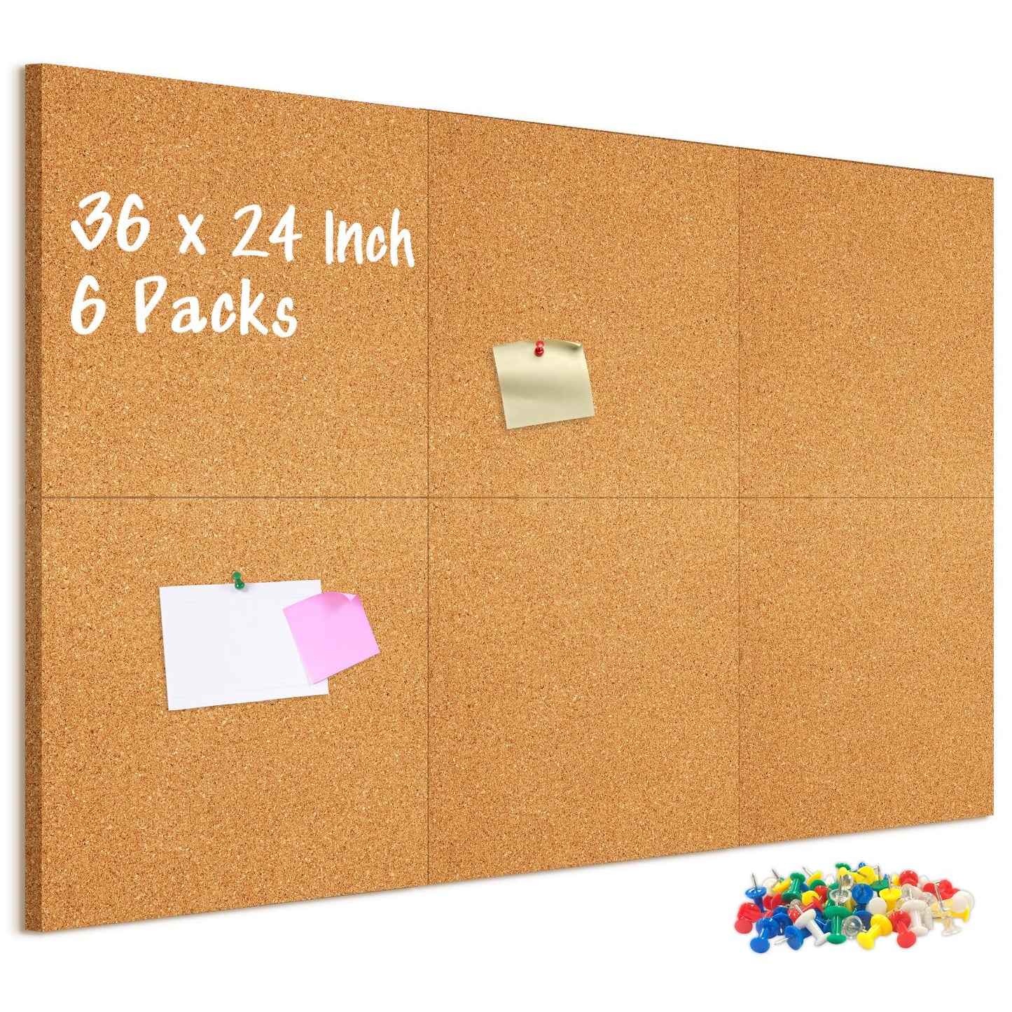 DOLLAR BOSS Cork Board Tiles, 6 Packs 12" x 12" 1/2" Thick Cork Bulletin Board Self Adhesive Corkboards for Walls with 60 Pushpins for Home Office Kitchen School Decor Display