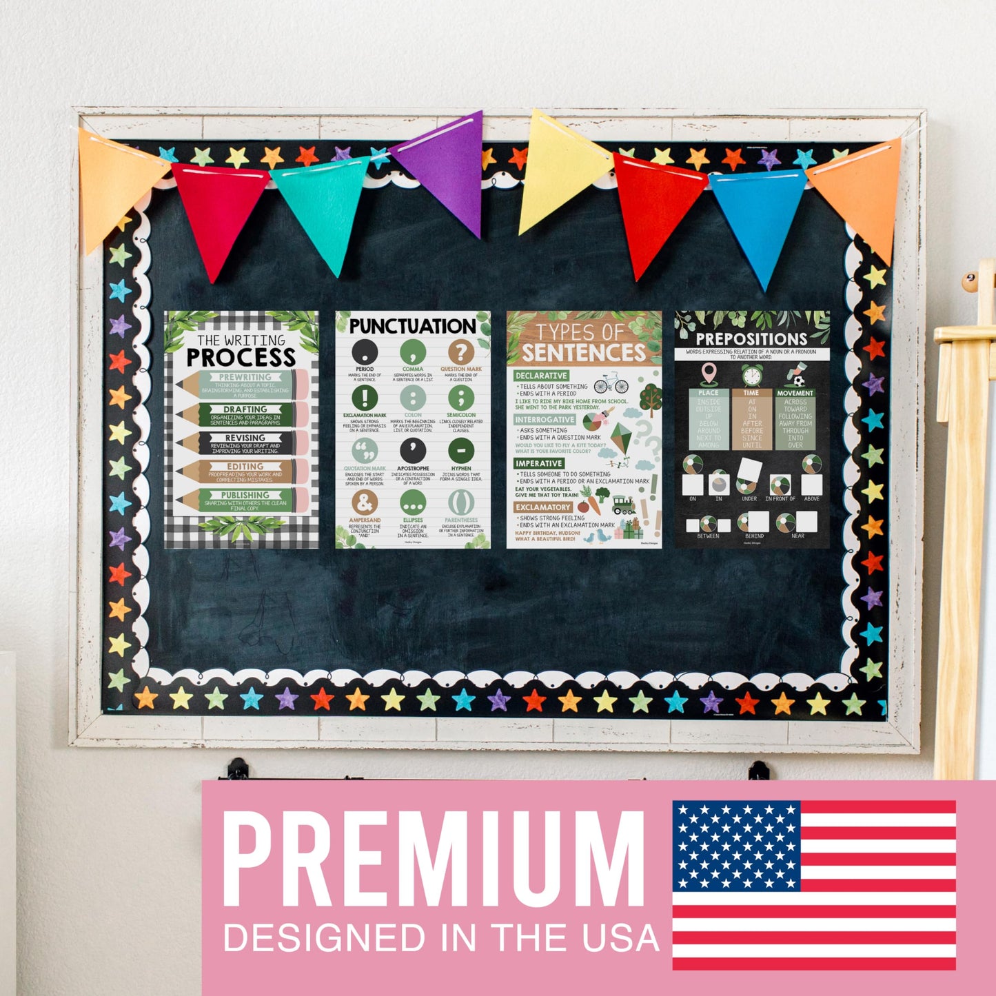 Parts of Speech Posters for Classroom Must Haves - 12 Grammar Posters, Writing Process for Homeschool, Elementary & Middle School, ELA 3rd 4th & 5th Grade Teacher Must Haves, Farmhouse Classroom Decor