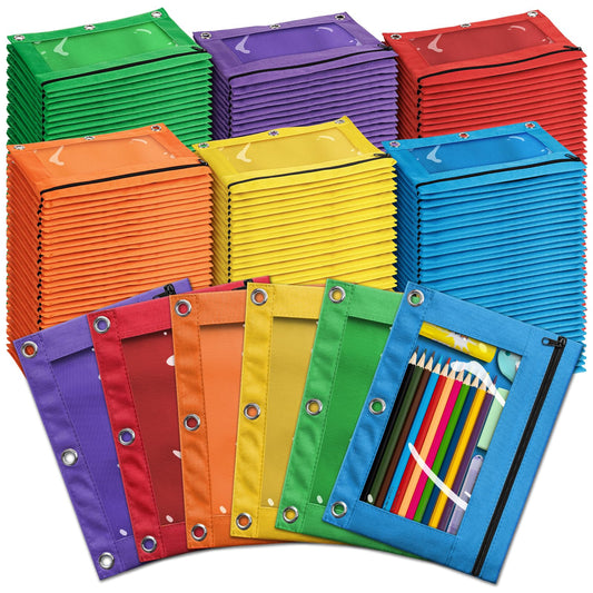 Pencil Pouch for 3 Ring Binder, Bulk 144 Pack 3-Holes Zipper Pencil Pouches in Assorted Colors, Sturdy and Durable Cloth Pencil Holder with Clear Window for Office School College Supplies (144)