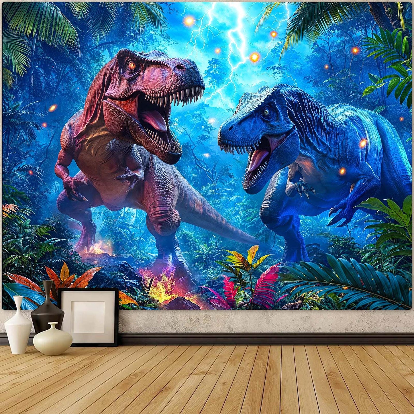 Spenlife Thunder Dinosaur Showdown Wall Tapestry, Fantasy Dino Battle Tapestries for Room Decor, Prehistoric Tapestry 60x44 Inch