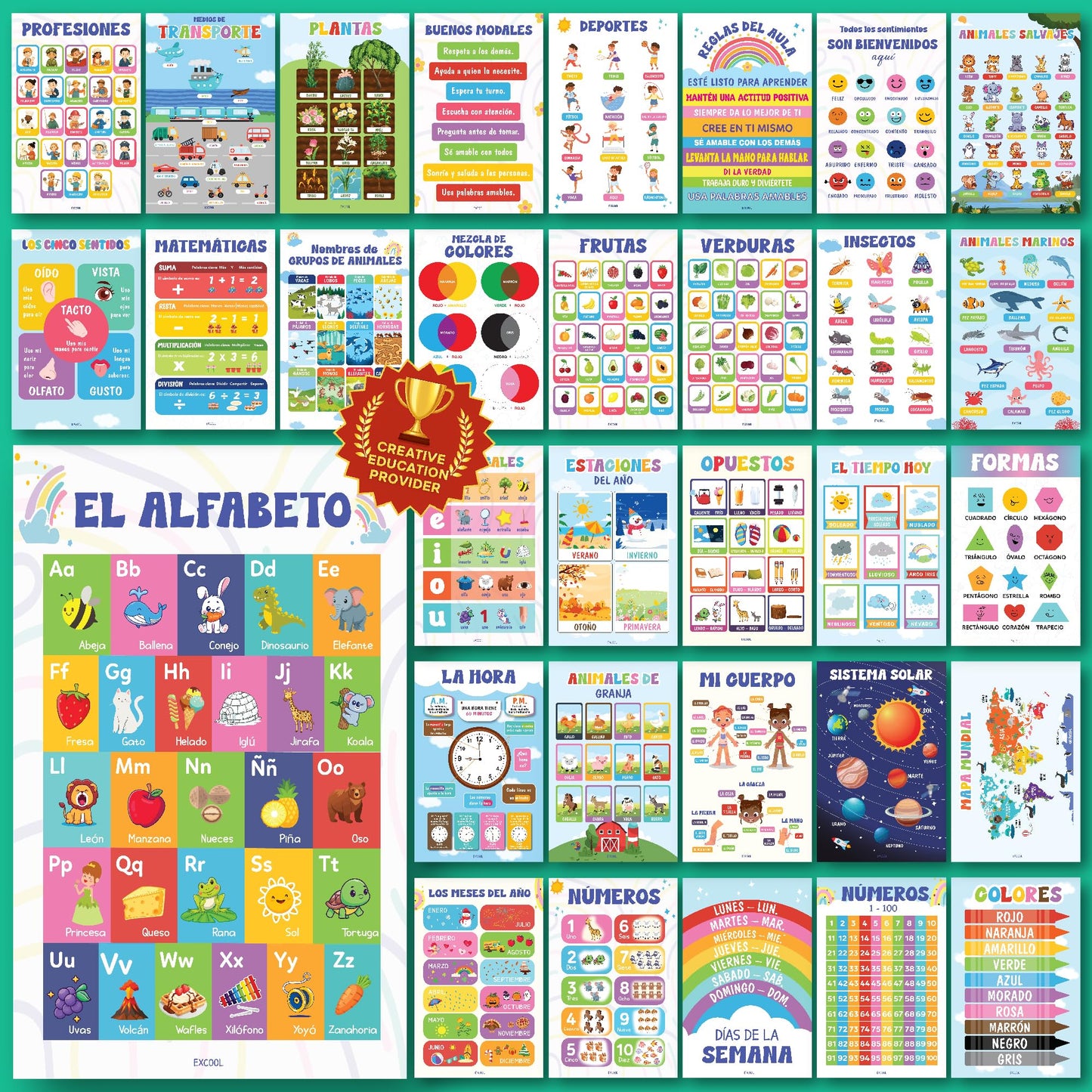 EXCOOL CLUB 32 Spanish Classroom Posters For Elementary - Colorful Bilingual Educational Posters For Toddlers 1-3, Laminated Learning Poster Preschool Must Haves, Abecedario Para Niños En Español