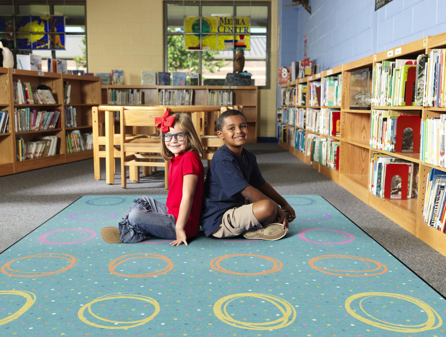 Flagship Carpets Circle Sampler Abstract Classroom Educational Area Rug for Kids and Teachers, Durable Quality for Schools, Preschool, Daycare, & Learning Centers, Seats 20, 7'6" x 12', Blue & Multi