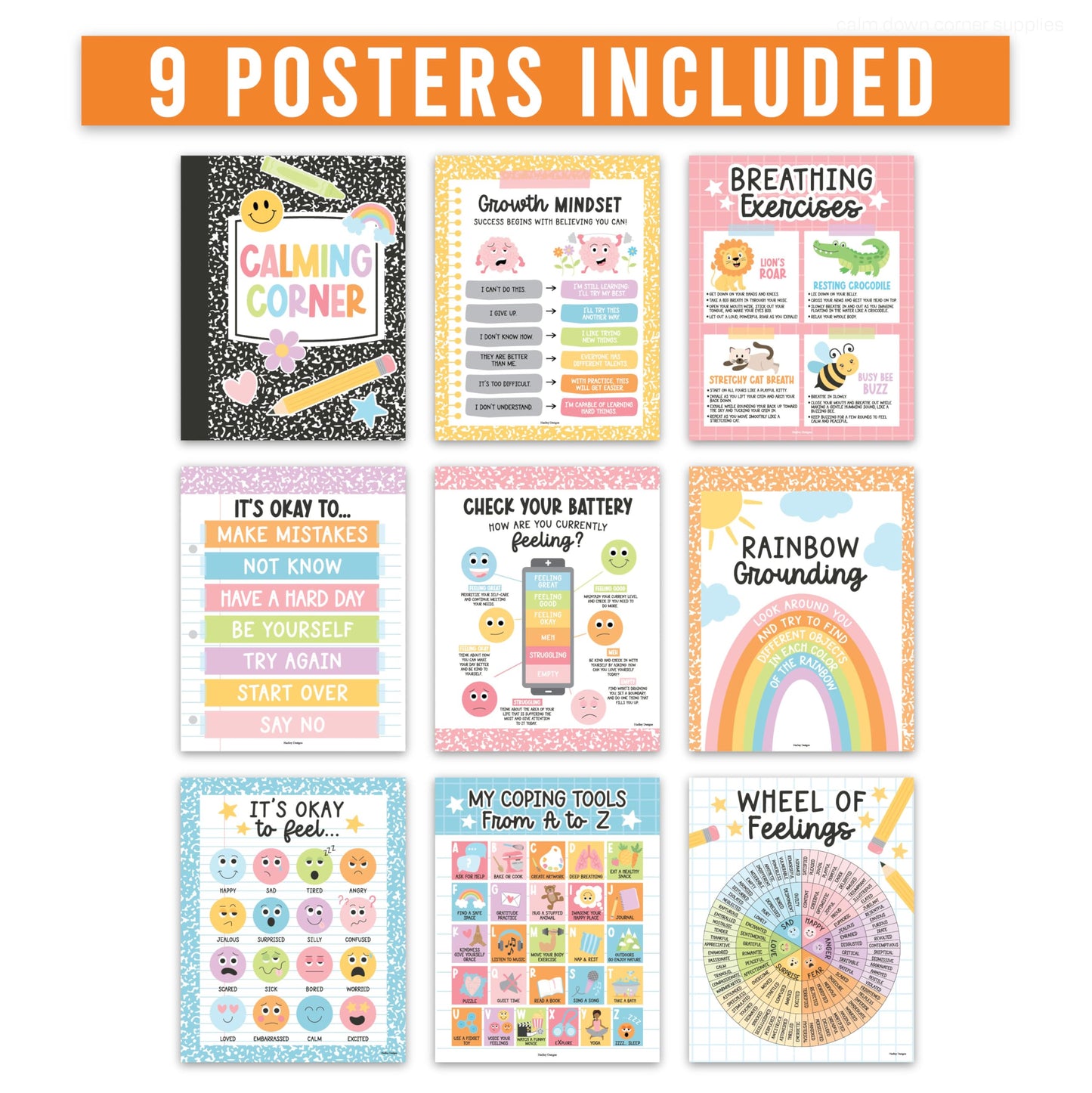 Hadley Designs 9 Calming Corner Posters for Classroom Must Haves - Calm Down Corner Supplies with Emotions Chart, School Counselor Mental Health Poster, Feelings Chart For Kids, Pastel Classroom Decor