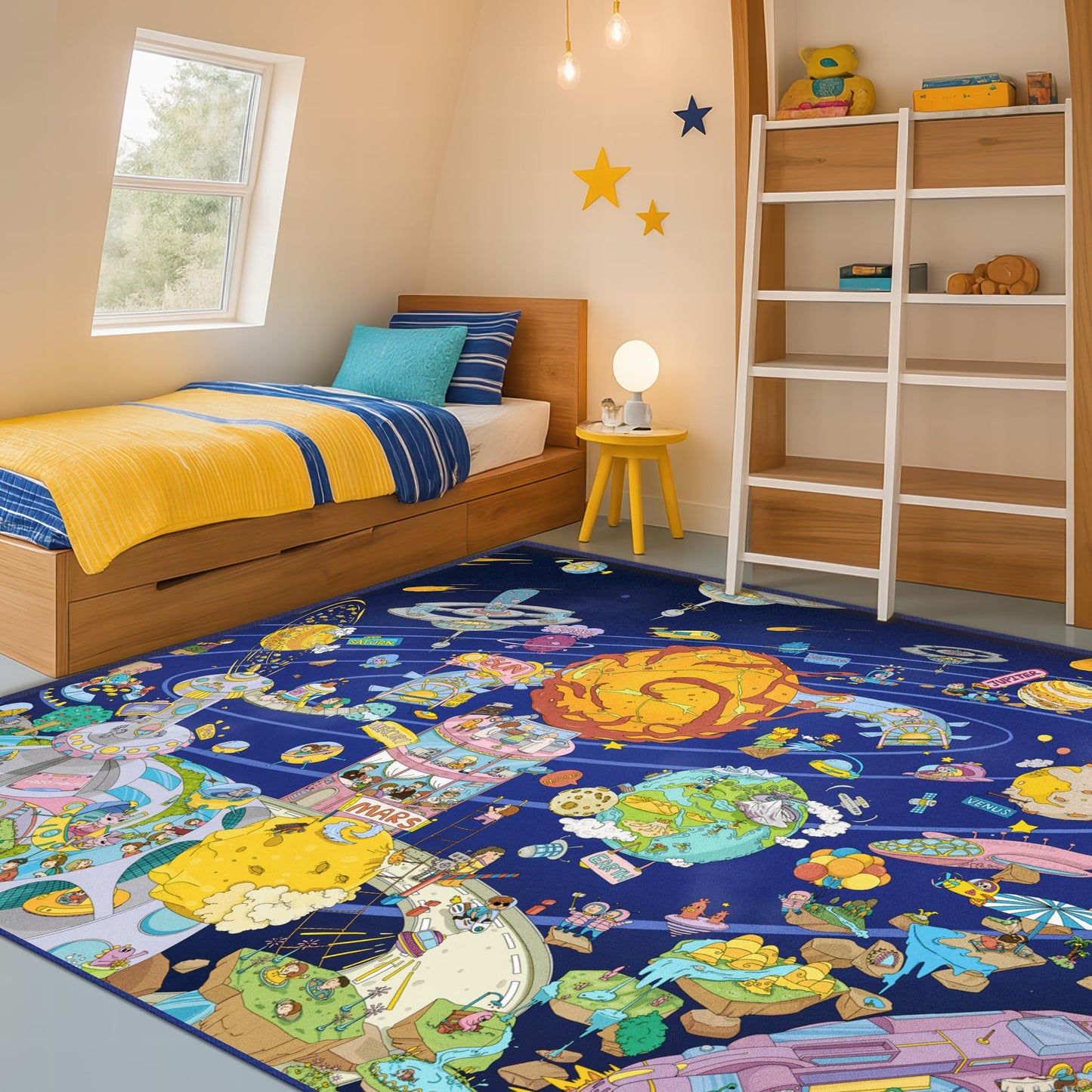 Hazo Haus Solar System Explorer 6x9 Kids Area Rug – Educational Outer Space Map with Planets, Rockets, Robots & Aliens – Ideal for Playroom, Classroom, Living Room, or Science-Loving Children