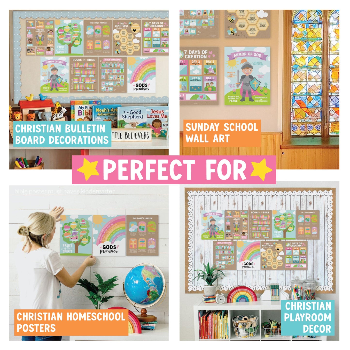 Hadley Designs Sunday School Decorations for Classroom –9 Bible Posters for Kids, Books of the Bible, 10 Commandments, Bible Timeline Chart, Fruits of the Spirit, Kraft Christian Classroom Decor