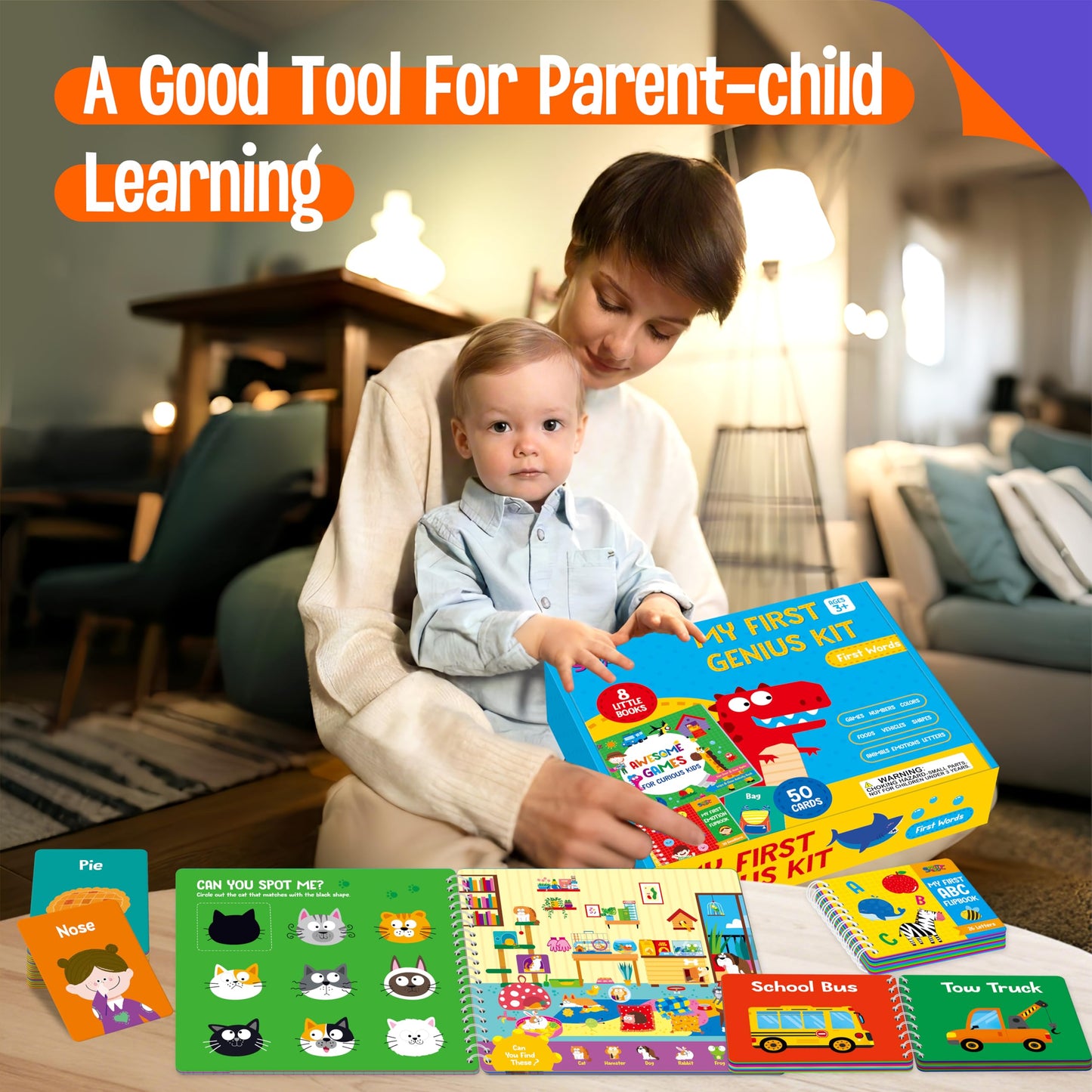 Kids Learning Flipbooks, 8 Board Books & 50 First Word Cards - Alphabet, Numbers, Colors, Shapes, Emotions, Animals, Vehicles & Fun Games Activities, Early Educational Learning Tool For Kids, Children