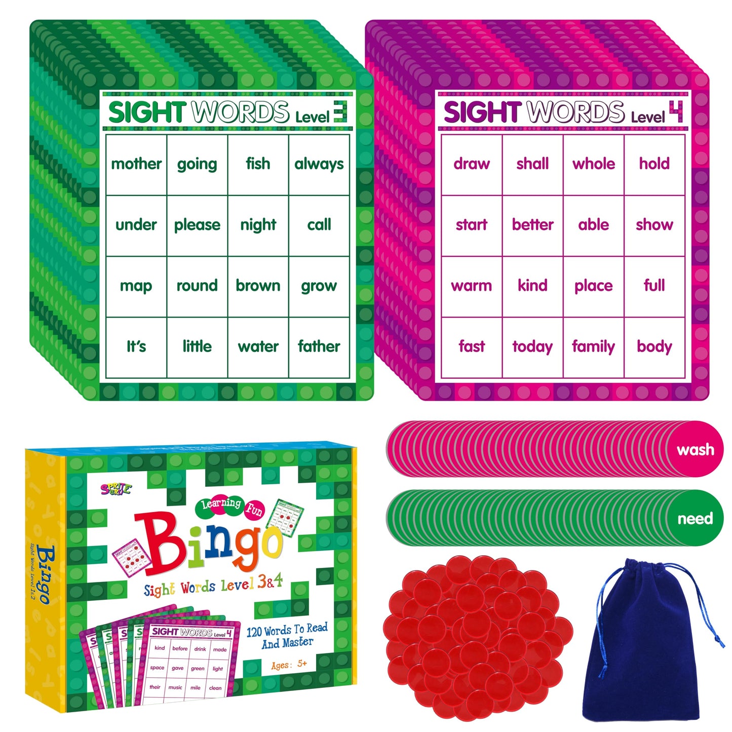 SpriteGru Sight Word Bingo Game, 120 Sight Words Learn to Read Level 3 & Level 4 Bingo Board Game Dolch's & Fry's Words Lists for Kindergarten and Preschool Kids 5+, Perfect for Classroom & At Home