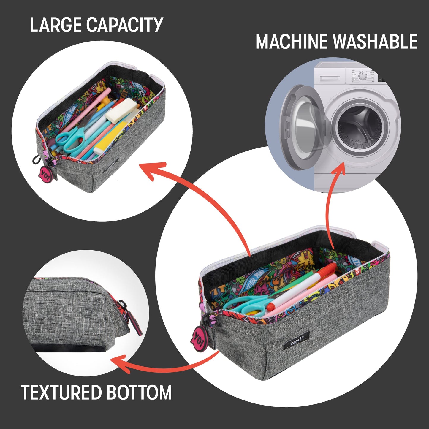 ZIPIT: Lenny Pencil Case - Grey & Doodles - Large Storage Capacity Zipper Pouch, Makeup-Stationery Bag, School, Washable Polyester, Kids-Teens-Adults