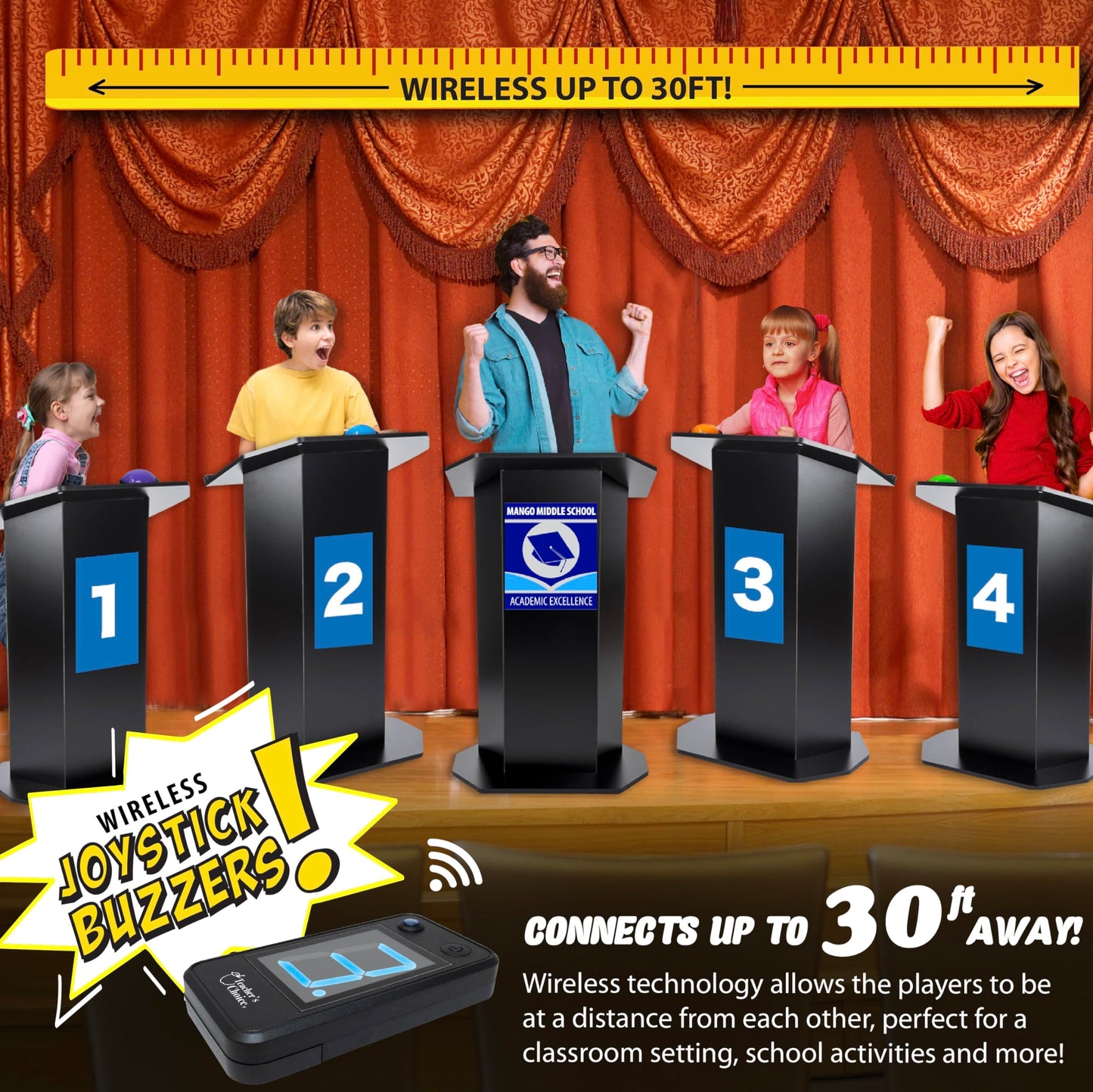 Teacher's Choice Wireless Light Up 4 Player Game Buzzer Button System | Displays the Winning Player | Loud, Unique Sounds, Great for Trivia Games, Family Feud, Jeopardy, Competition, Spelling Bees