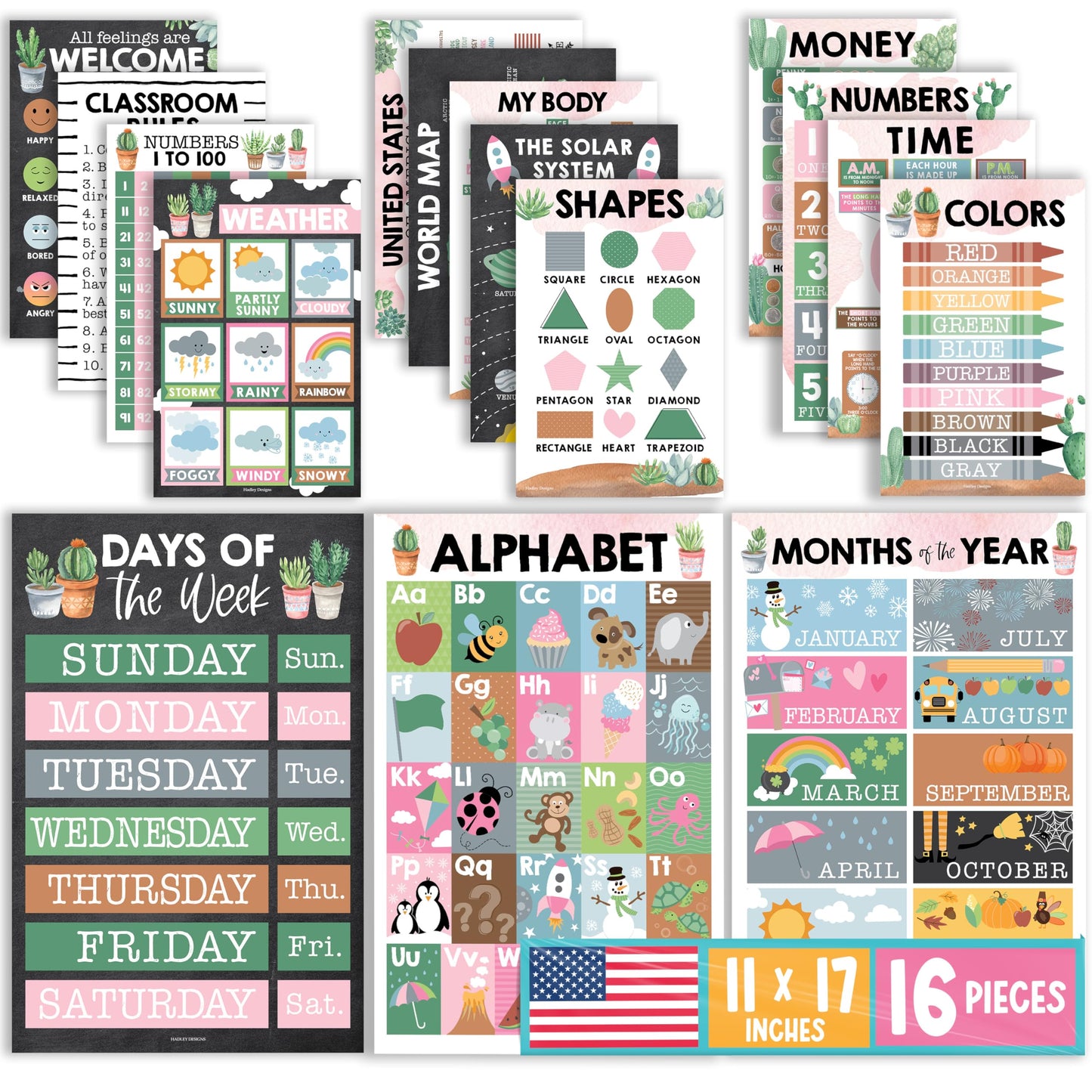 Hadley Designs 16 Educational Posters for Classroom Must Haves - Laminated Pre-K Posters for Toddler Homeschool Essentials, Toddler & Preschool Learning Activities, Kindergarten Classroom Decor
