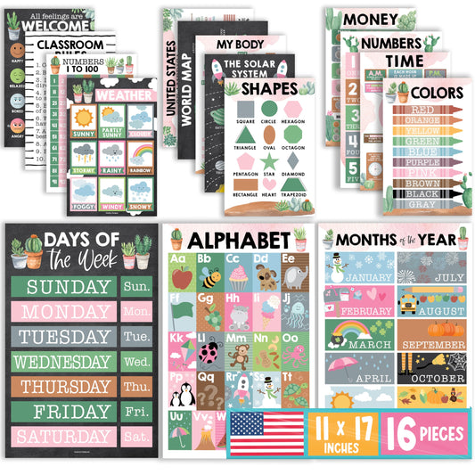 Hadley Designs 16 Educational Posters for Classroom Must Haves - Laminated Pre-K Posters for Toddler Homeschool Essentials, Toddler & Preschool Learning Activities, Kindergarten Classroom Decor