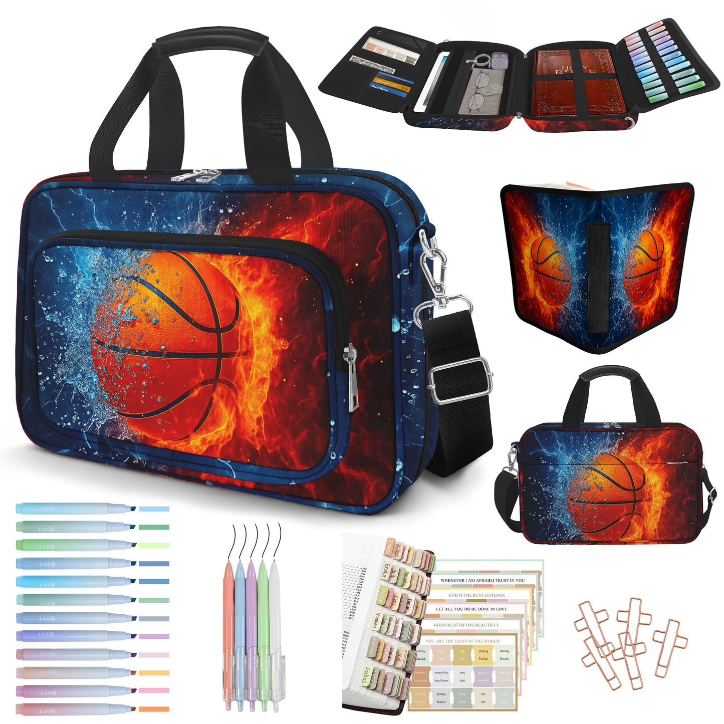 IBOVODI Basketball Bible Cover Case for Boys Kids, Ice Fire Ball Mens Large Bible Bag Book Carrying Case Handle Zipper Pocket, Bible Study Supplies Journaling Kit, Highlighters Tabs Pens Cross Clips