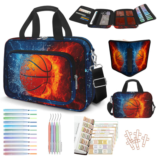 IBOVODI Basketball Bible Cover Case for Boys Kids, Ice Fire Ball Mens Large Bible Bag Book Carrying Case Handle Zipper Pocket, Bible Study Supplies Journaling Kit, Highlighters Tabs Pens Cross Clips