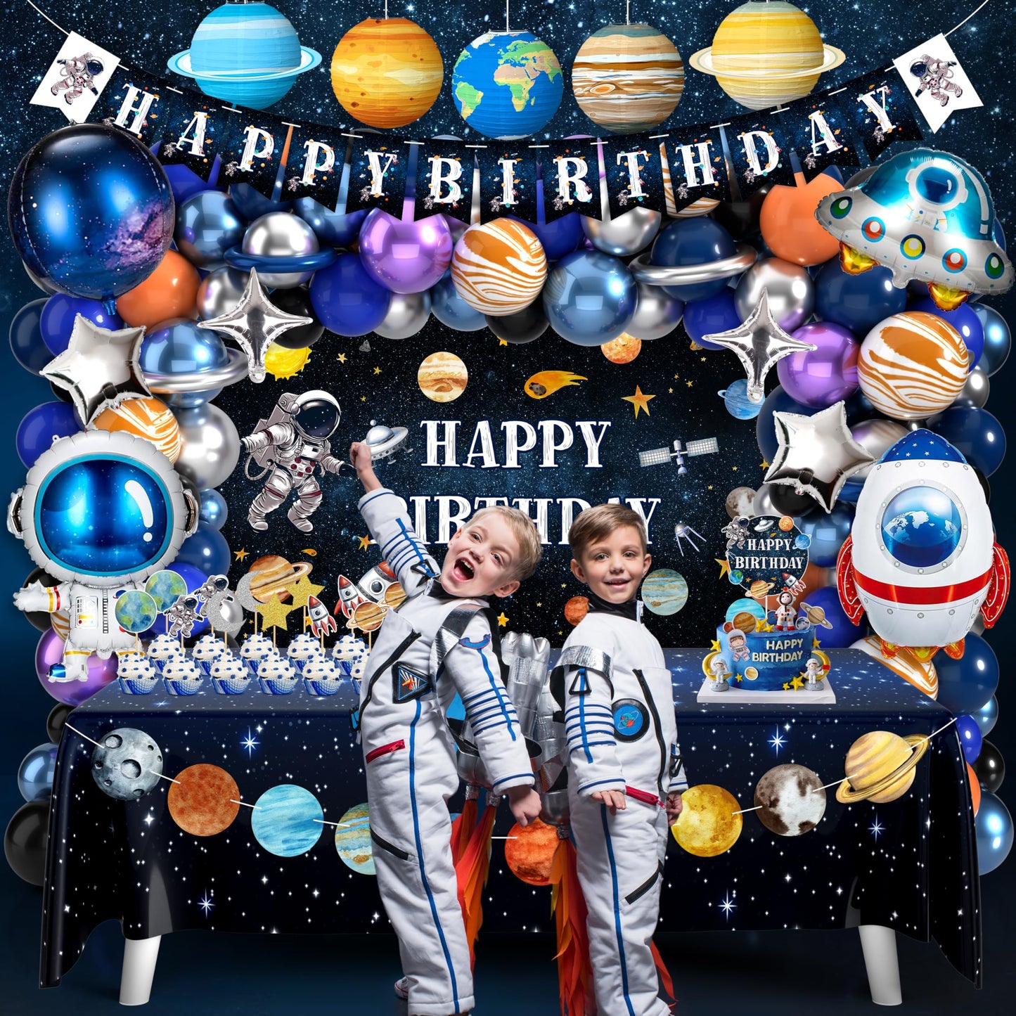 Outer Space Birthday Party Decorations Space Themed Party Supplies Planet Banner Backdrop Cake Topper Solar System Paper Lantern Galaxy Tablecloth Balloon Garland Kit for Space Astronaut Party Decor