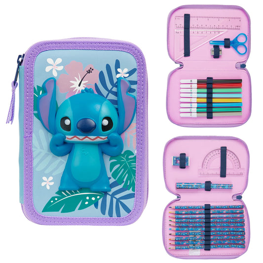 Disney Stitch Filled Pencil Case with Colored Pencils, Markers, Gifts for Girls Kids, Stationery School Art Supplies Pouch Holder Organizer (Blue Stitch Double Zip)