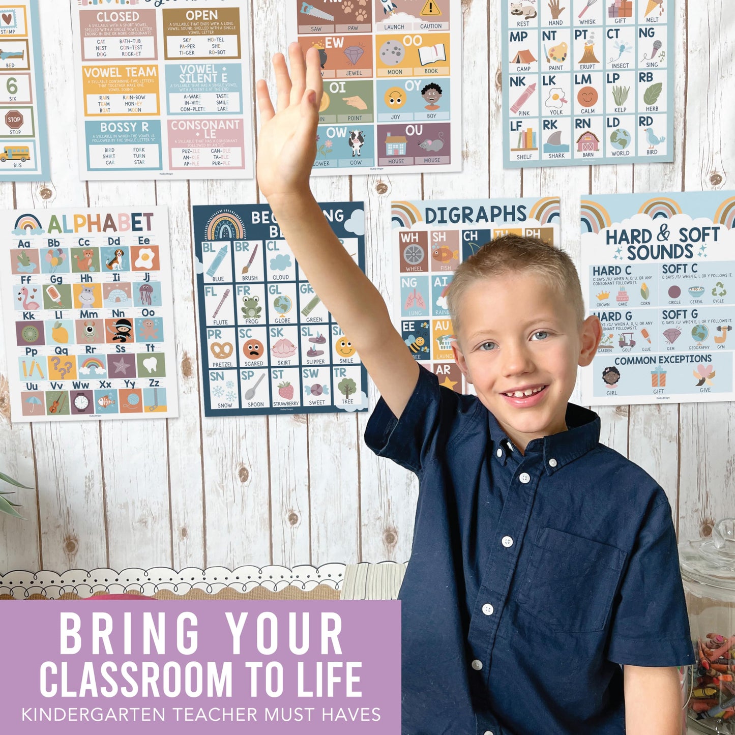 Hadley Designs Phonics Posters for Classroom Must Haves - 9 Sound Wall for Kindergarten & Elementary Teacher Supplies, Syllable, Vowels, Digraphs & Blends Bulletin Board Set, Boho Classrom Decor