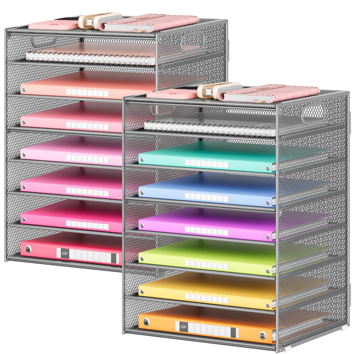 Lavatino 2 Pack 8-Tier Office Desk File Organizer, Letter Tray Paper Organizer with Handle, Including 5 Adjustable Slide Trays for Organizing Desk Workspace Accessories and Supplies (Silver Mesh)