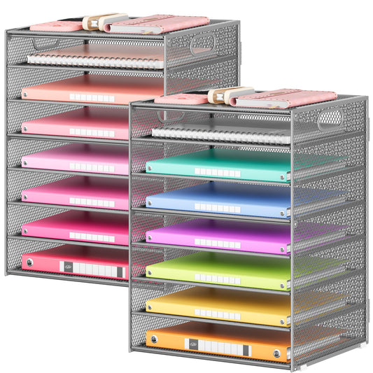 Lavatino 2 Pack 8-Tier Office Desk File Organizer, Letter Tray Paper Organizer with Handle, Including 5 Adjustable Slide Trays for Organizing Desk Workspace Accessories and Supplies (Silver Mesh)