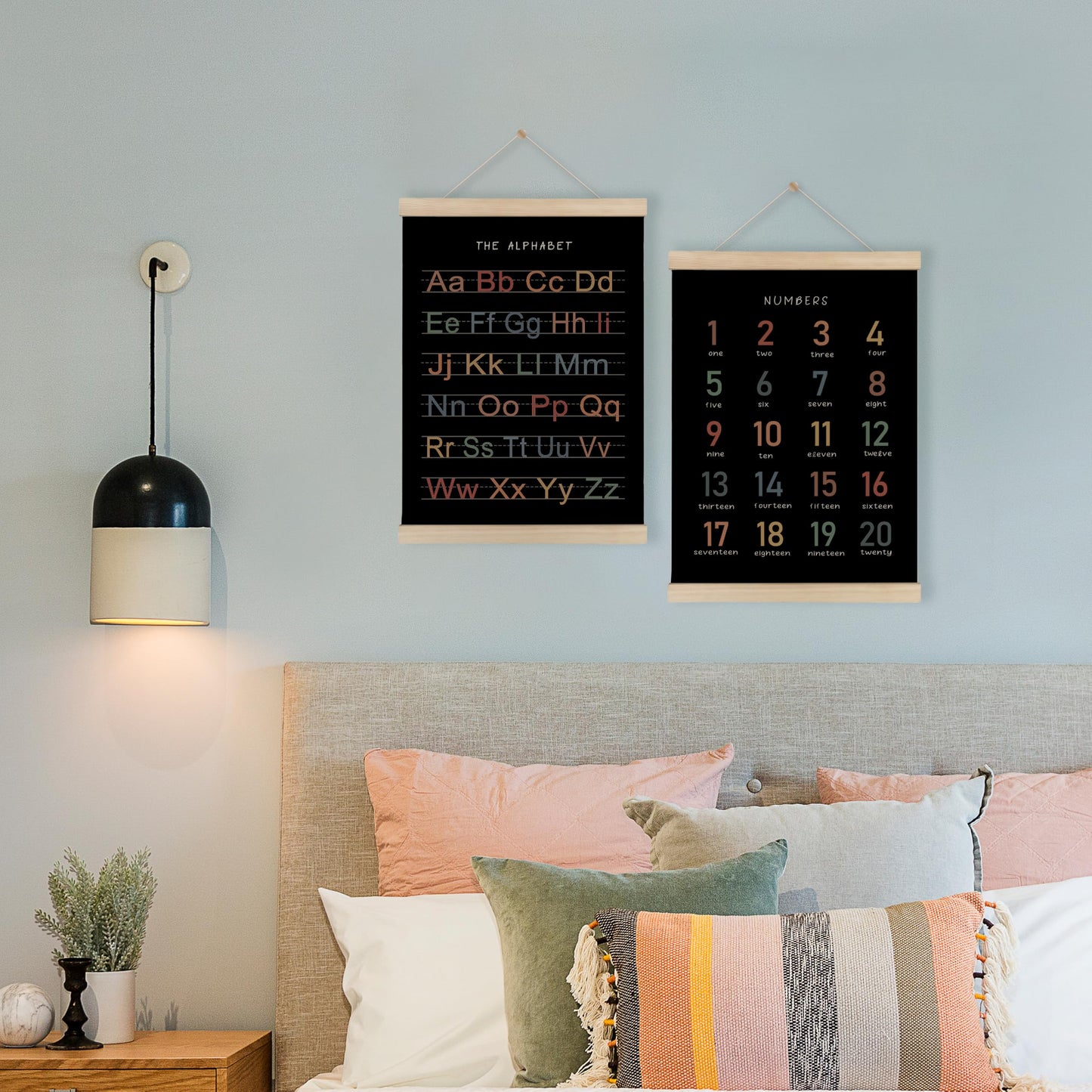 HRQKO Alphabet Numbers Poster Hanger Frame Set of 2, Black Nursery Wall Decor, ABC Poster Wall Art with Wooden Frames, Boho Alphabet Banner Wall Hanging Decor for Toddler Playroom, 12x16 Inch