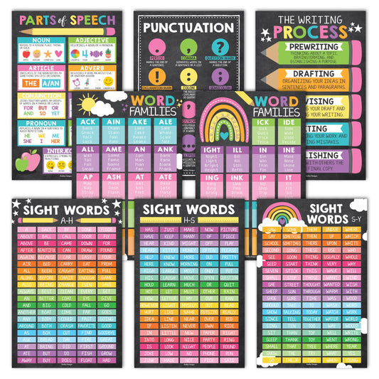 Hadley Designs 8 Sight Words Posters for Classroom Word Wall – 100 Sight Words Chart for Elementary, Word Family, Parts of Speech, Punctuations, and Writing Process Posters, Colorful Chalk Classroom Decor