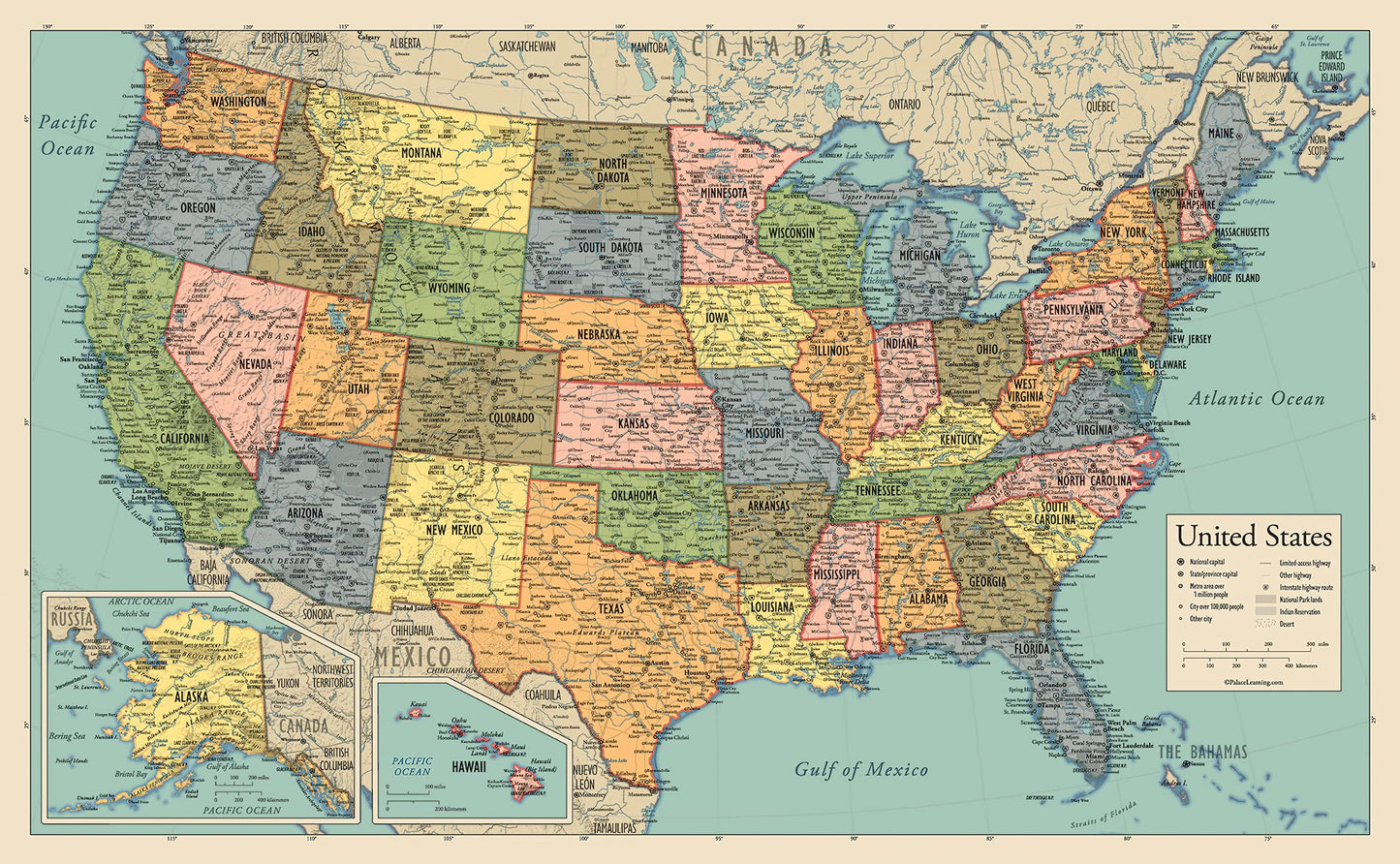 2 Pack - World Map Poster & USA Map Chart [Tan/Color] (LAMINATED, 18” x 29”)