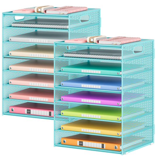 Lavatino 2 Pack 8-Tier Office Desk File Organizer, Letter Tray Paper Organizer with Handle, Including 5 Adjustable Slide Trays for Organizing Desk Workspace Accessories and Supplies (Blue Metal Mesh)