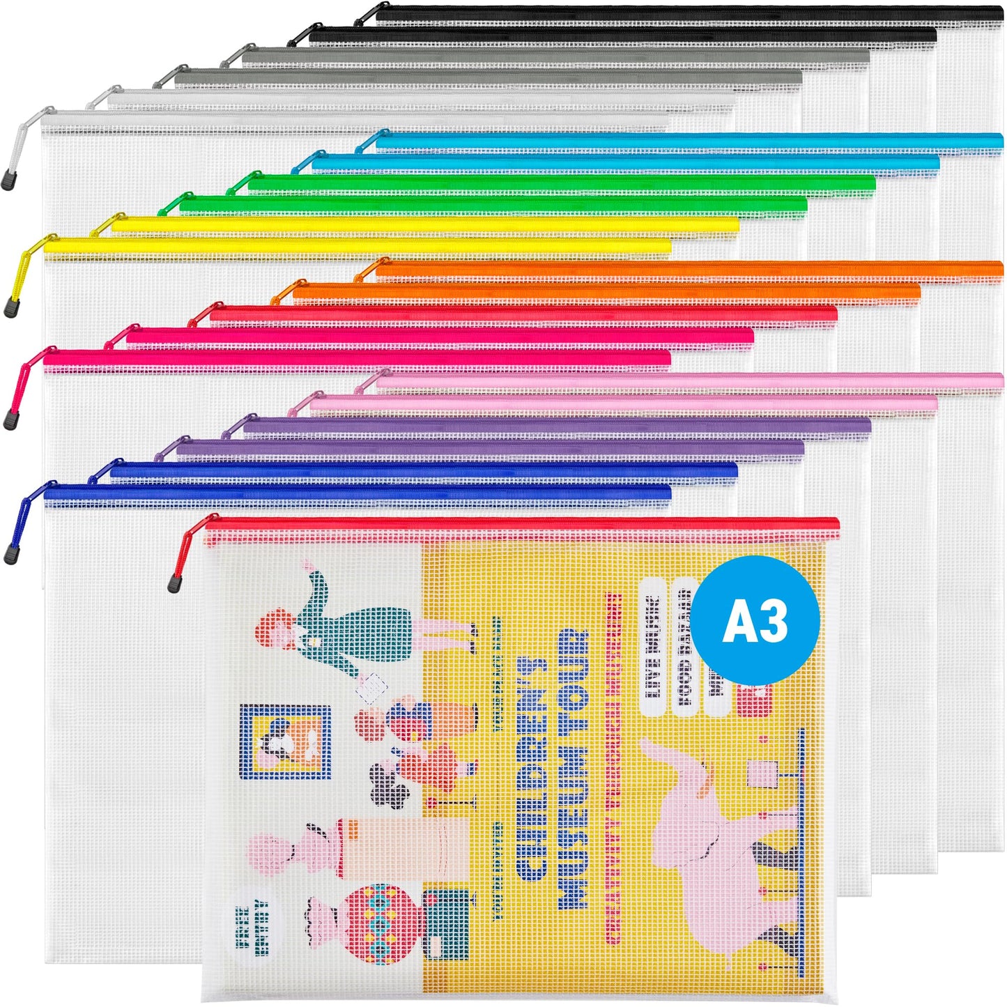 JARLINK A3 (16.5x12.6 in, 24 Pcs) Mesh Zipper Pouch, 12 Colors Extra Large Zipper Bags, Waterproof File Pouches for Office Supplies, Puzzles, Board Game, School, Travel Accessories & Craft Projects