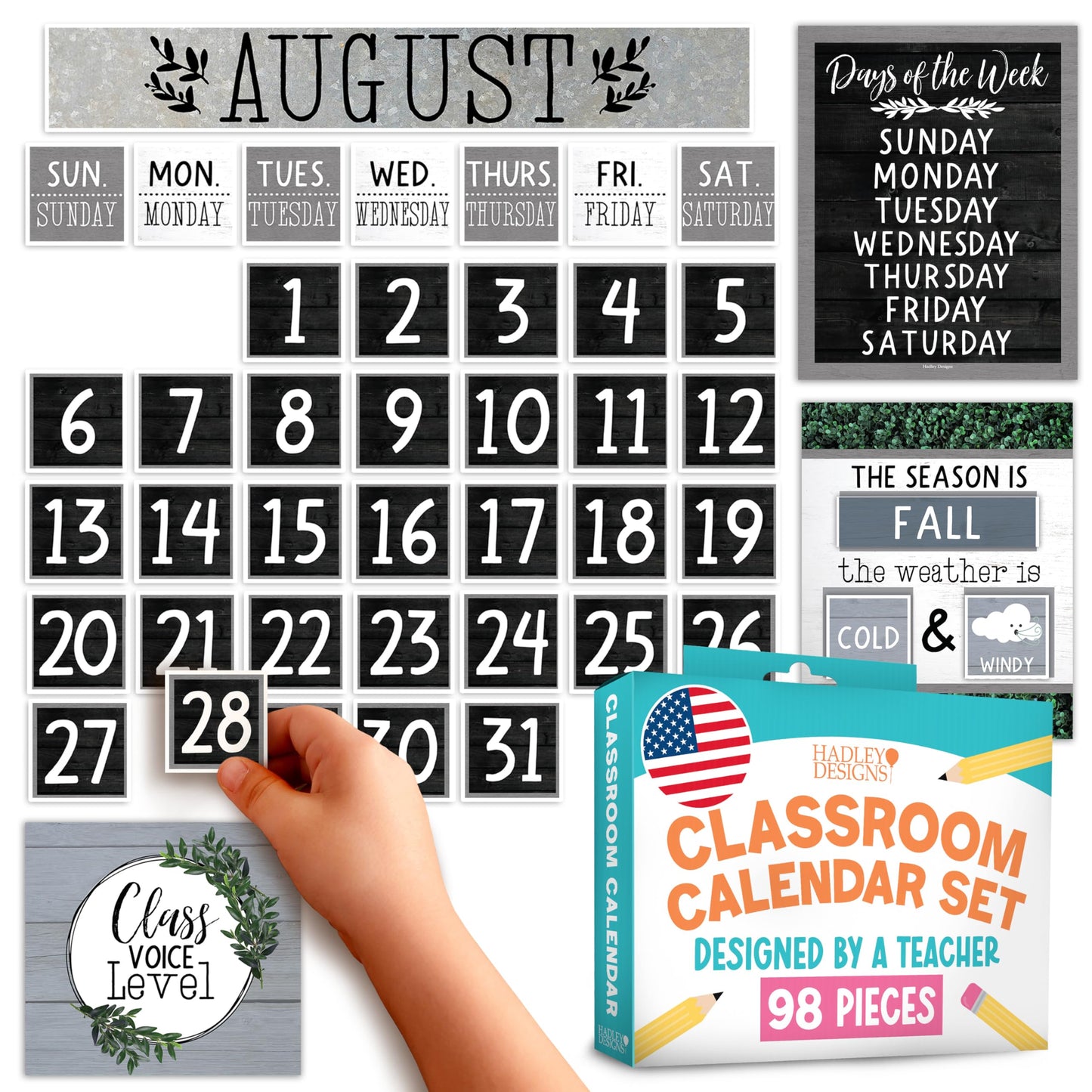Hadley Designs Classroom Calendar Set Bulletin Board Decorations - Neutral School Calendar for Classroom Decor, Kindergarten Preschool Elementary Teacher Must Haves, Homeschool & Daycare Essentials