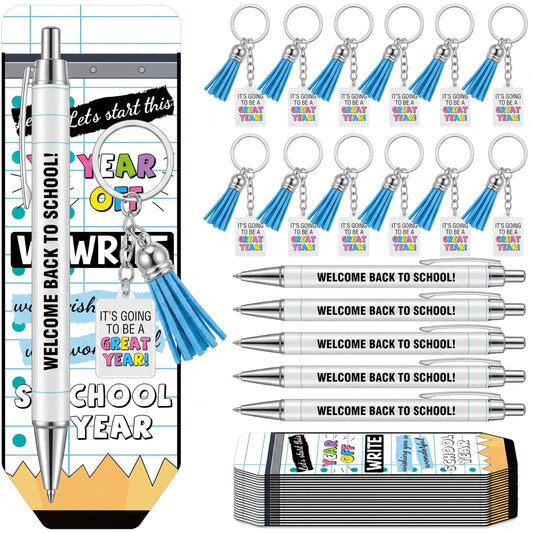 Tenceur 30 Set Bulk Back to School Gifts for Students Notebook Themed Ballpoint Pens Keychains and Cards Set First Day of School Gifts Supplies for Teacher Classroom Rewards Party Favors