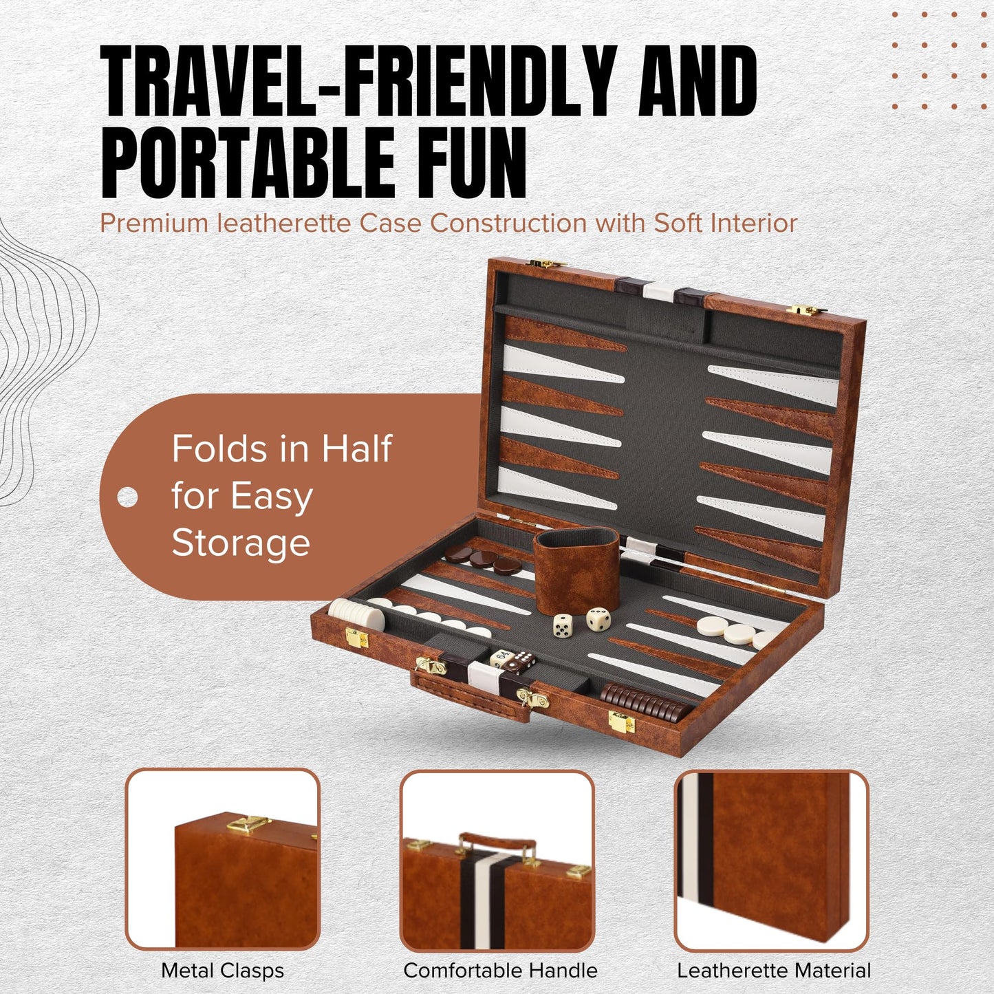 Premium Backgammon 18 Inches Large Brown - Backgammon Sets for Adults and Kids - Leatherette Back Gammon Board Game Set - Travel Backgammon Set Board Encased with Accessories