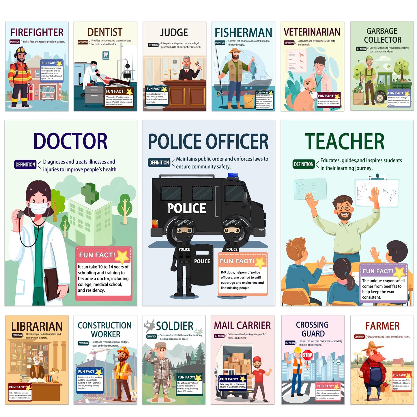 15 Pcs exquisite community assistant posters for classroom and vocational education, helping students easily understand various professions, making them an excellent choice for teacher gifts.29X38cm，Unframed