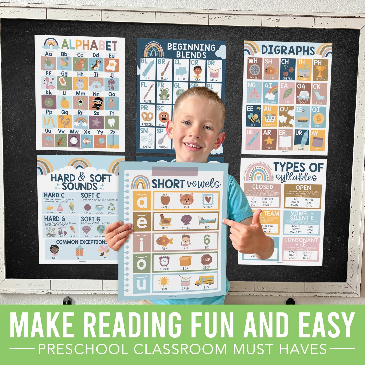Hadley Designs Phonics Posters for Classroom Must Haves - 9 Sound Wall for Kindergarten & Elementary Teacher Supplies, Syllable, Vowels, Digraphs & Blends Bulletin Board Set, Boho Classrom Decor