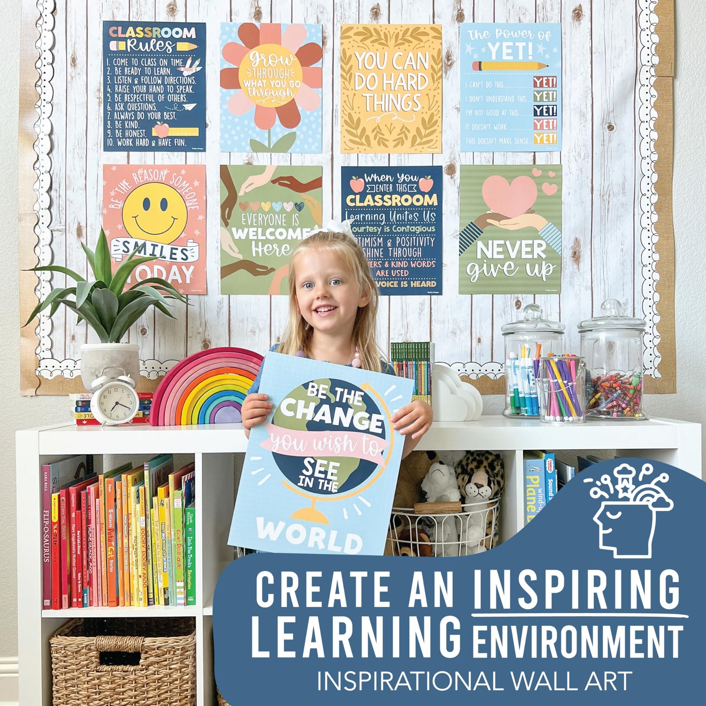 Hadley Designs Motivational Poster for Classroom Decor - 9 Growth Mindset Classroom Posters Elementary, Inspirational Wall Decor Middle School, Teacher Must Haves, Retro Bulletin Board Decorations