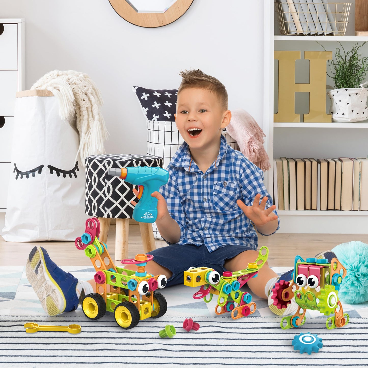 PicassoTiles STEM Learning Toys 250 Piece Building Block Kids Construction Engineering Kit Toy Blocks Children Early Education Playset w/Free IdeaBook, Power Drill, Clickable Ratchet, Age 3+ PTN250
