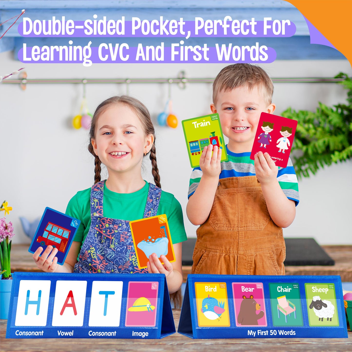 Word Building Desktop Pocket Chart, 48 CVC Words & 50 First Words, Double-Sided Tent Word Builder, Vocabulary Learning Flashcards Set for Kindergarten Reading and Spelling