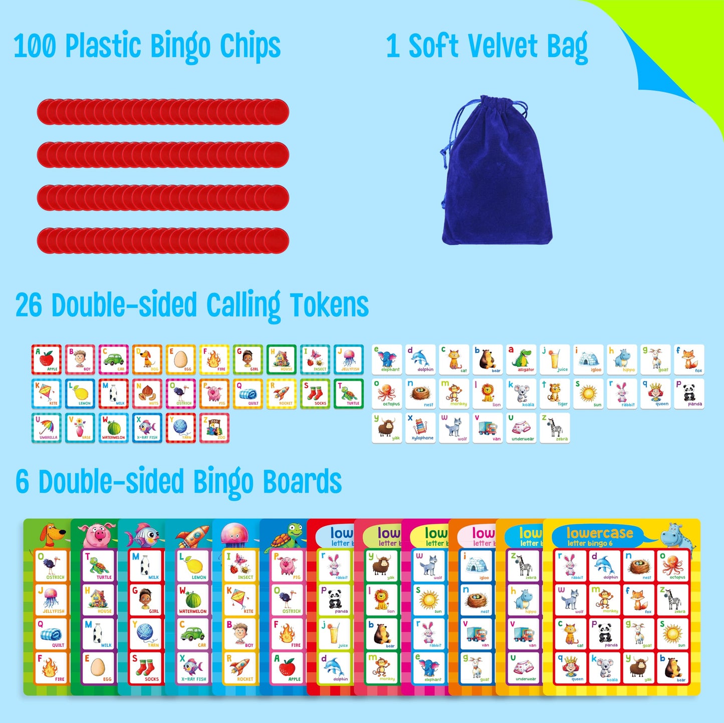 SpriteGru Alphabet Bingo Game, Uppercase/Lowercase/First Words Bingo Educational ABC Letter Learning Board Game for Kindergarten and Preschool Kids Aged 4+, Perfect for Classroom & At Home
