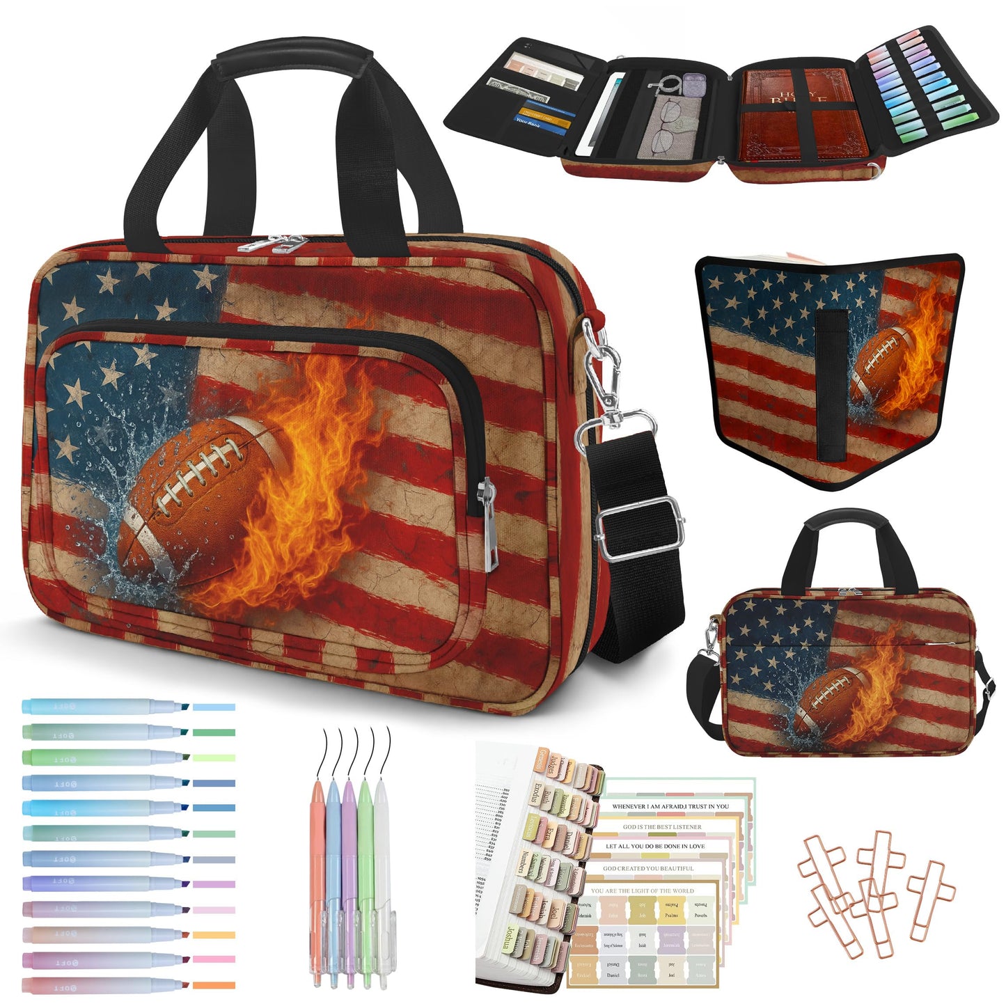 IBOVODI American Flag Football Bible Cover Case for Men Boys, Rugby Large Kids Bible Bag Book Carrying Case with Handle Zipper Pocket, Bible Study Supplies Journaling Kit Highlighters Pens Cross Clips