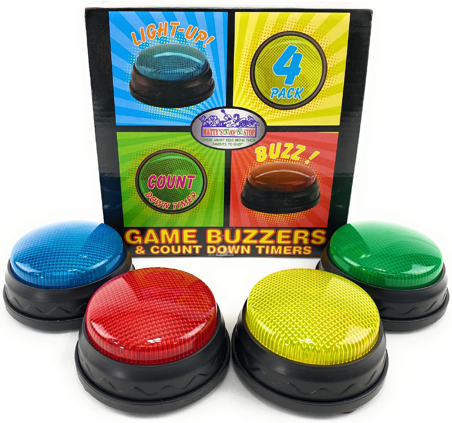 Matty's Toy Stop Game Show Buzzers for Kids & Adults – 4 Pack Answer Buzzers with Lights & Sounds, 3 Game Modes, Classroom Learning, Trivia Nights, Family Game Night, Homeschool Supplies